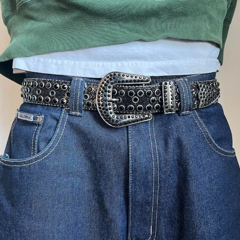 Y2K 2000s style rhinestone crystal grunge black punk belt